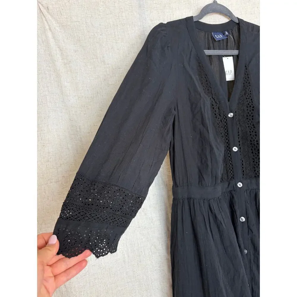 Gap Women's Black Textured Crinkle Lace Midi Dress Sz. S Tall - Picture 6 of 12